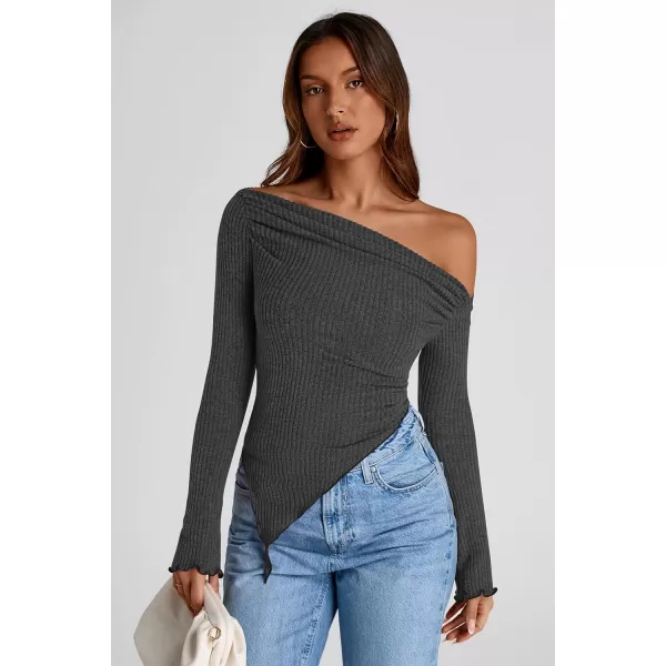 imagePRETTYGARDEN Womens Long Sleeve Y2K Crop Top Trendy Off Shoulder Asymmetrical Fitted Knit Tee Shirts Going Out TopsBlack