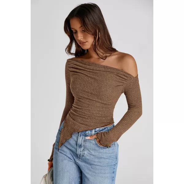 imagePRETTYGARDEN Womens Long Sleeve Y2K Crop Top Trendy Off Shoulder Asymmetrical Fitted Knit Tee Shirts Going Out TopsBrown