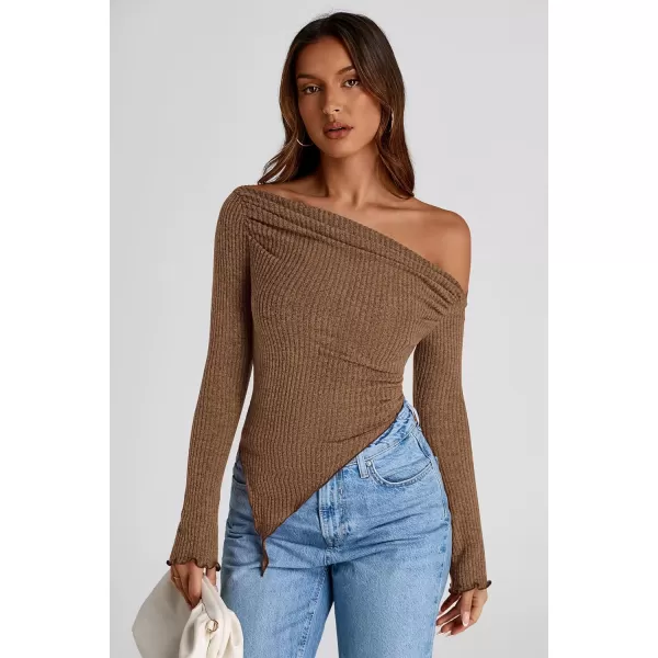 imagePRETTYGARDEN Womens Long Sleeve Y2K Crop Top Trendy Off Shoulder Asymmetrical Fitted Knit Tee Shirts Going Out TopsBrown