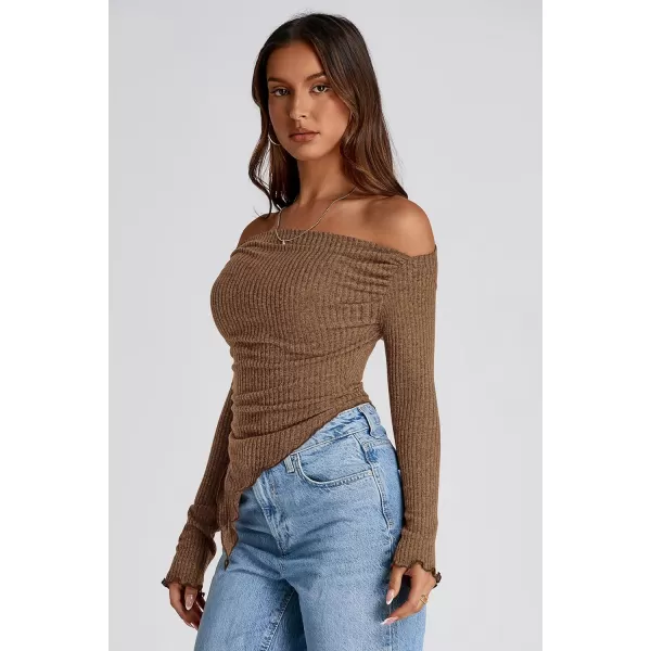 imagePRETTYGARDEN Womens Long Sleeve Y2K Crop Top Trendy Off Shoulder Asymmetrical Fitted Knit Tee Shirts Going Out TopsBrown