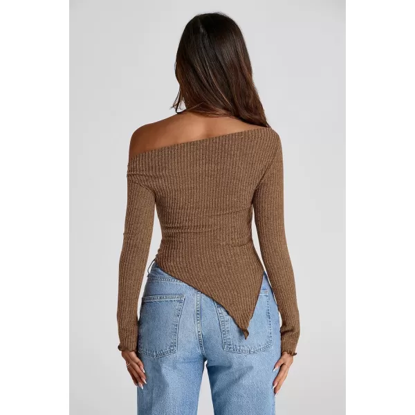 imagePRETTYGARDEN Womens Long Sleeve Y2K Crop Top Trendy Off Shoulder Asymmetrical Fitted Knit Tee Shirts Going Out TopsBrown