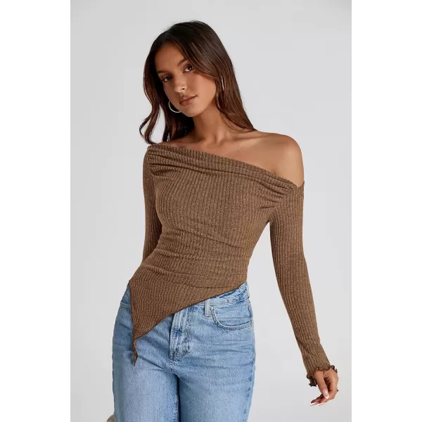 imagePRETTYGARDEN Womens Long Sleeve Y2K Crop Top Trendy Off Shoulder Asymmetrical Fitted Knit Tee Shirts Going Out TopsBrown