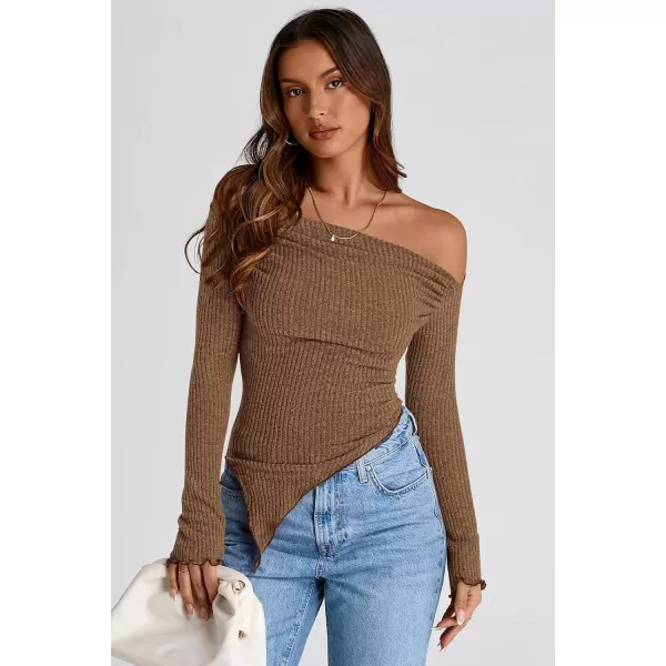 imagePRETTYGARDEN Womens Long Sleeve Y2K Crop Top Trendy Off Shoulder Asymmetrical Fitted Knit Tee Shirts Going Out TopsBrown