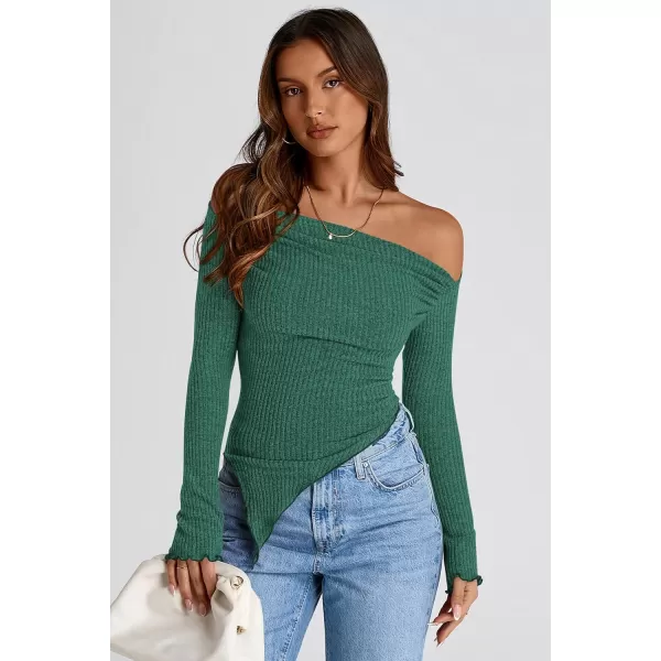 imagePRETTYGARDEN Womens Long Sleeve Y2K Crop Top Trendy Off Shoulder Asymmetrical Fitted Knit Tee Shirts Going Out TopsDark Green
