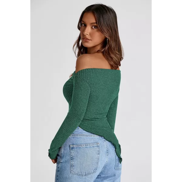 imagePRETTYGARDEN Womens Long Sleeve Y2K Crop Top Trendy Off Shoulder Asymmetrical Fitted Knit Tee Shirts Going Out TopsDark Green