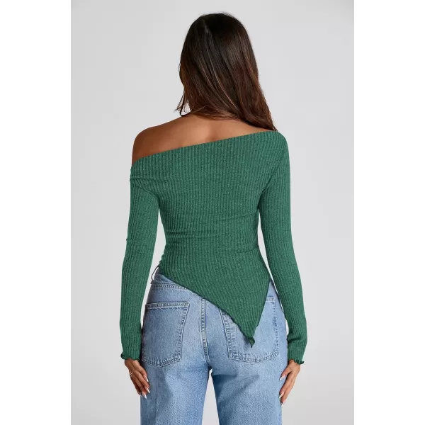 imagePRETTYGARDEN Womens Long Sleeve Y2K Crop Top Trendy Off Shoulder Asymmetrical Fitted Knit Tee Shirts Going Out TopsDark Green