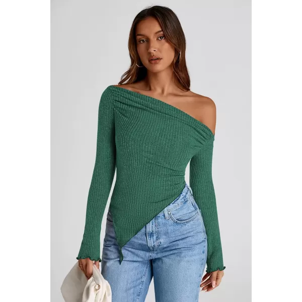 imagePRETTYGARDEN Womens Long Sleeve Y2K Crop Top Trendy Off Shoulder Asymmetrical Fitted Knit Tee Shirts Going Out TopsDark Green