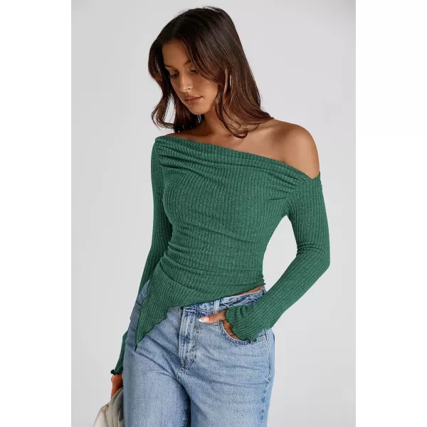 imagePRETTYGARDEN Womens Long Sleeve Y2K Crop Top Trendy Off Shoulder Asymmetrical Fitted Knit Tee Shirts Going Out TopsDark Green