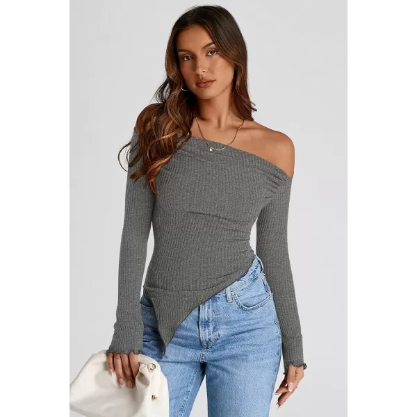 imagePRETTYGARDEN Womens Long Sleeve Y2K Crop Top Trendy Off Shoulder Asymmetrical Fitted Knit Tee Shirts Going Out TopsGrey