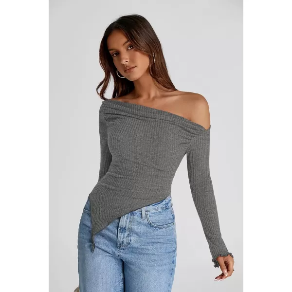 imagePRETTYGARDEN Womens Long Sleeve Y2K Crop Top Trendy Off Shoulder Asymmetrical Fitted Knit Tee Shirts Going Out TopsGrey