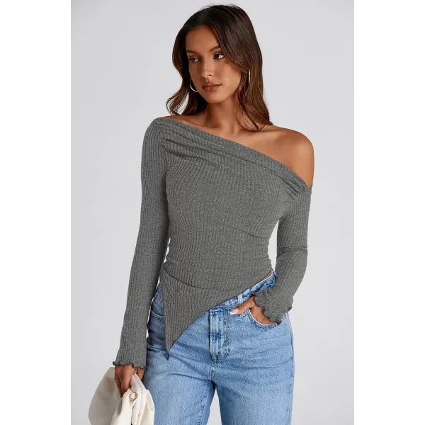 imagePRETTYGARDEN Womens Long Sleeve Y2K Crop Top Trendy Off Shoulder Asymmetrical Fitted Knit Tee Shirts Going Out TopsGrey