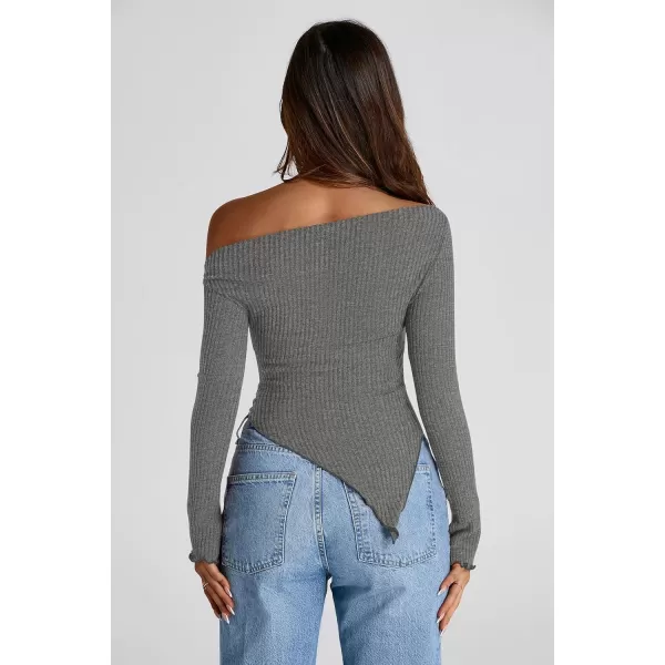 imagePRETTYGARDEN Womens Long Sleeve Y2K Crop Top Trendy Off Shoulder Asymmetrical Fitted Knit Tee Shirts Going Out TopsGrey