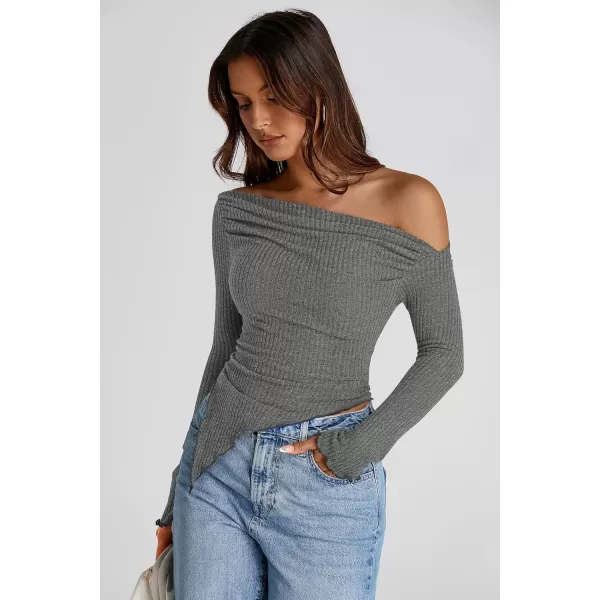imagePRETTYGARDEN Womens Long Sleeve Y2K Crop Top Trendy Off Shoulder Asymmetrical Fitted Knit Tee Shirts Going Out TopsGrey