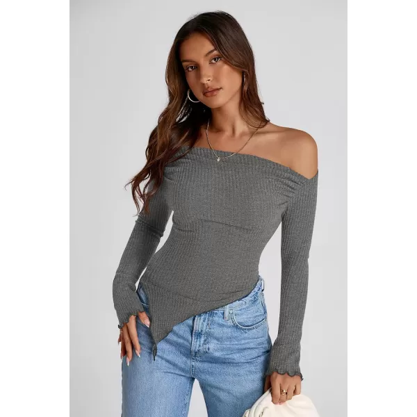 imagePRETTYGARDEN Womens Long Sleeve Y2K Crop Top Trendy Off Shoulder Asymmetrical Fitted Knit Tee Shirts Going Out TopsGrey