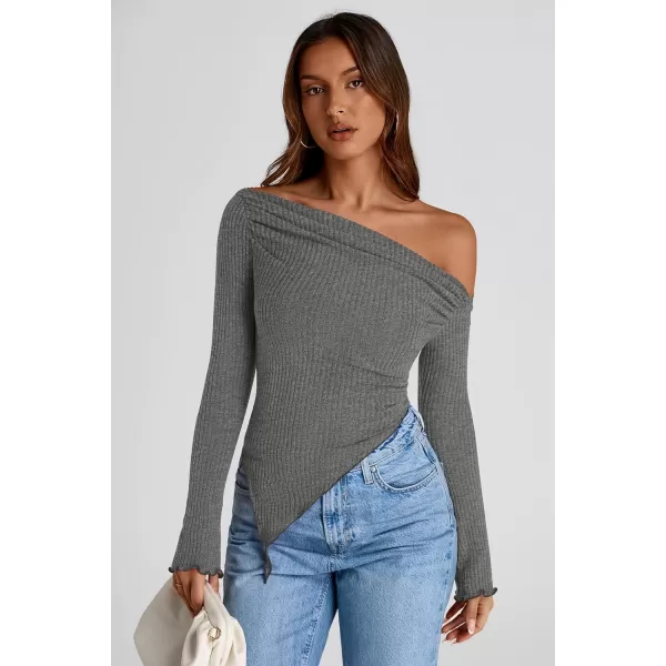 imagePRETTYGARDEN Womens Long Sleeve Y2K Crop Top Trendy Off Shoulder Asymmetrical Fitted Knit Tee Shirts Going Out TopsGrey