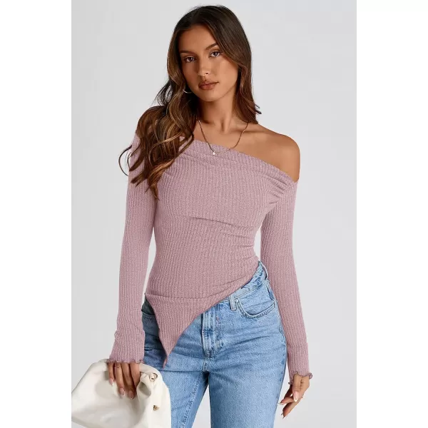 imagePRETTYGARDEN Womens Long Sleeve Y2K Crop Top Trendy Off Shoulder Asymmetrical Fitted Knit Tee Shirts Going Out TopsGrey Pink