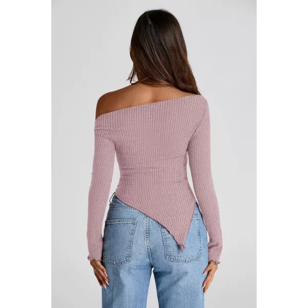 imagePRETTYGARDEN Womens Long Sleeve Y2K Crop Top Trendy Off Shoulder Asymmetrical Fitted Knit Tee Shirts Going Out TopsGrey Pink