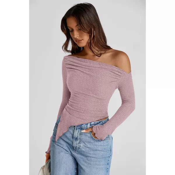 imagePRETTYGARDEN Womens Long Sleeve Y2K Crop Top Trendy Off Shoulder Asymmetrical Fitted Knit Tee Shirts Going Out TopsGrey Pink