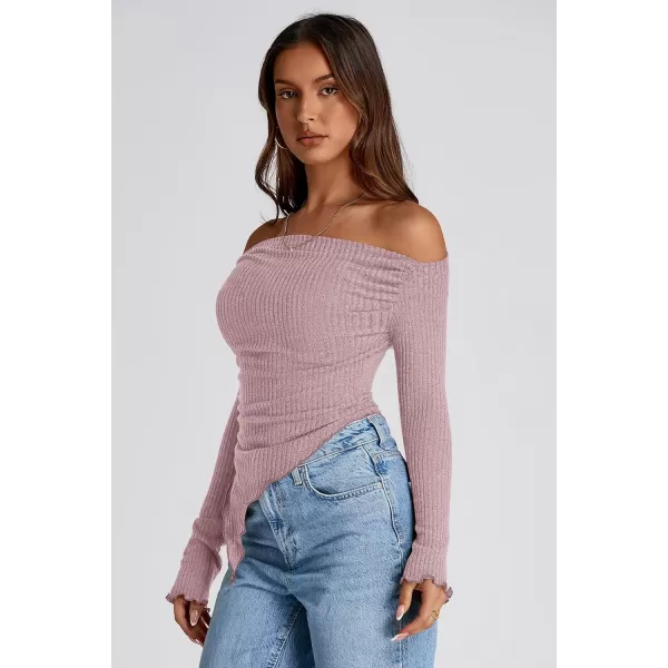 imagePRETTYGARDEN Womens Long Sleeve Y2K Crop Top Trendy Off Shoulder Asymmetrical Fitted Knit Tee Shirts Going Out TopsGrey Pink