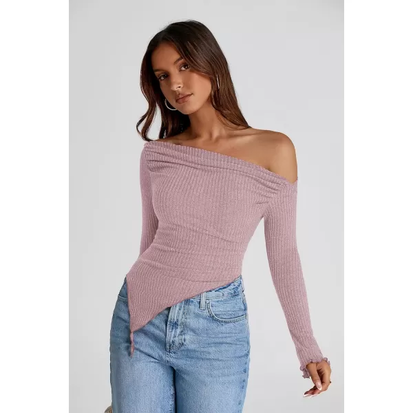 imagePRETTYGARDEN Womens Long Sleeve Y2K Crop Top Trendy Off Shoulder Asymmetrical Fitted Knit Tee Shirts Going Out TopsGrey Pink