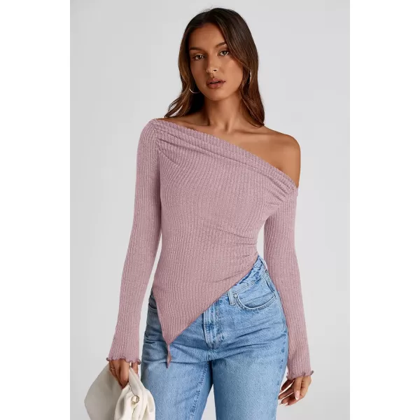 imagePRETTYGARDEN Womens Long Sleeve Y2K Crop Top Trendy Off Shoulder Asymmetrical Fitted Knit Tee Shirts Going Out TopsGrey Pink
