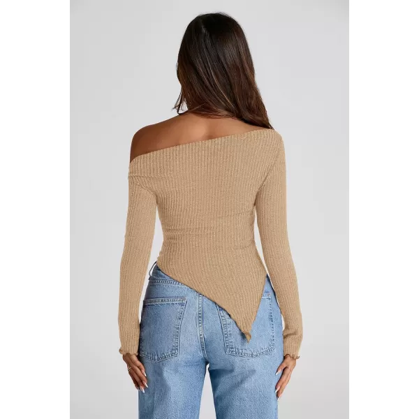 imagePRETTYGARDEN Womens Long Sleeve Y2K Crop Top Trendy Off Shoulder Asymmetrical Fitted Knit Tee Shirts Going Out TopsLight Coffee