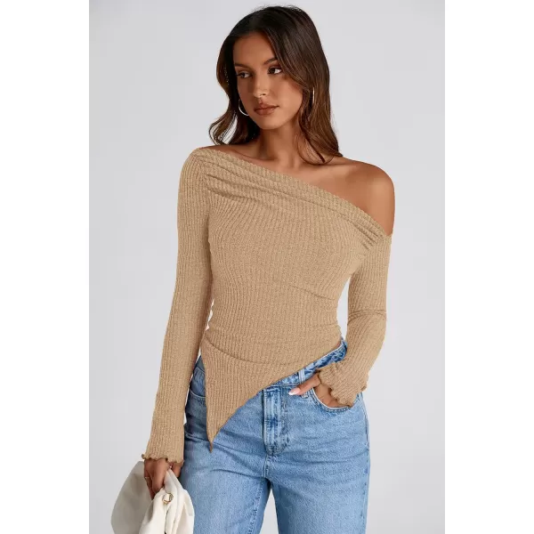 imagePRETTYGARDEN Womens Long Sleeve Y2K Crop Top Trendy Off Shoulder Asymmetrical Fitted Knit Tee Shirts Going Out TopsLight Coffee