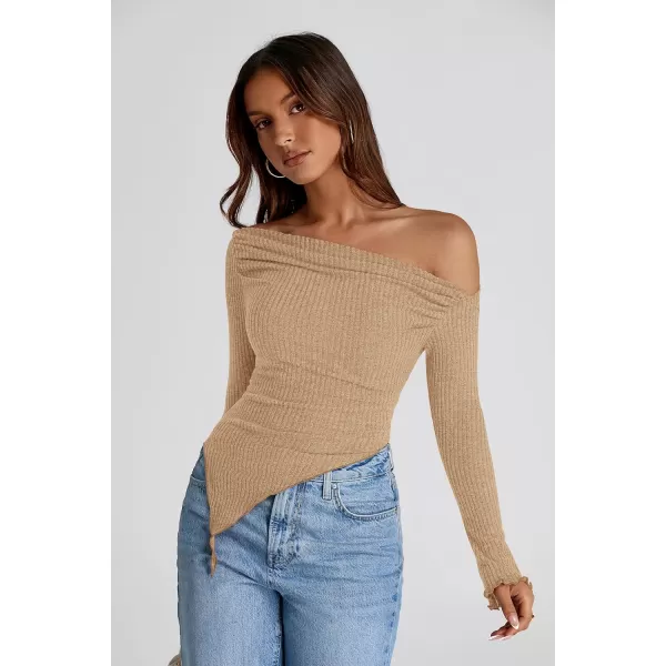 imagePRETTYGARDEN Womens Long Sleeve Y2K Crop Top Trendy Off Shoulder Asymmetrical Fitted Knit Tee Shirts Going Out TopsLight Coffee