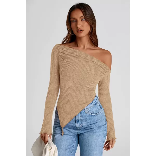 imagePRETTYGARDEN Womens Long Sleeve Y2K Crop Top Trendy Off Shoulder Asymmetrical Fitted Knit Tee Shirts Going Out TopsLight Coffee