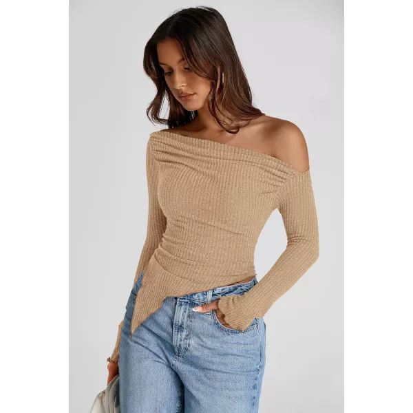 imagePRETTYGARDEN Womens Long Sleeve Y2K Crop Top Trendy Off Shoulder Asymmetrical Fitted Knit Tee Shirts Going Out TopsLight Coffee
