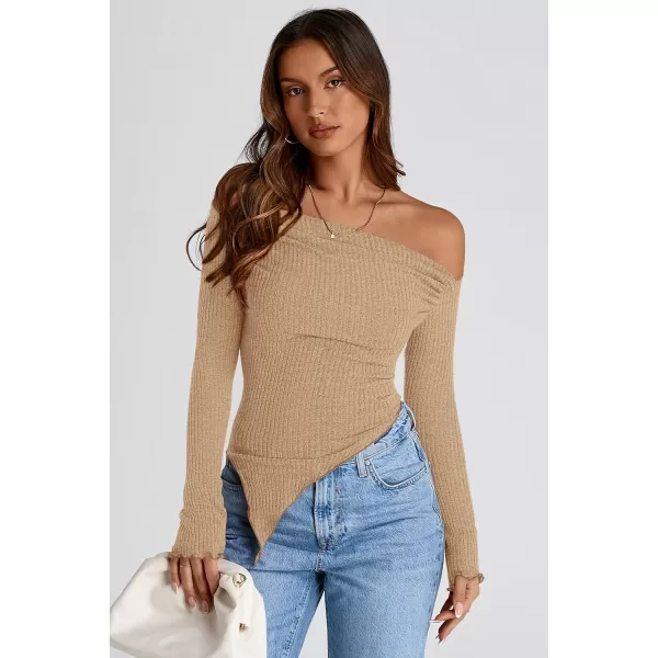 imagePRETTYGARDEN Womens Long Sleeve Y2K Crop Top Trendy Off Shoulder Asymmetrical Fitted Knit Tee Shirts Going Out TopsLight Coffee