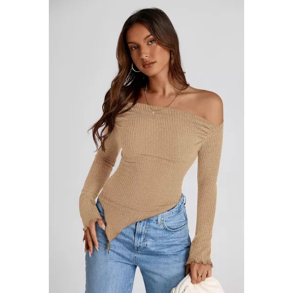 imagePRETTYGARDEN Womens Long Sleeve Y2K Crop Top Trendy Off Shoulder Asymmetrical Fitted Knit Tee Shirts Going Out TopsLight Coffee