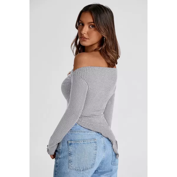 imagePRETTYGARDEN Womens Long Sleeve Y2K Crop Top Trendy Off Shoulder Asymmetrical Fitted Knit Tee Shirts Going Out TopsLight Grey
