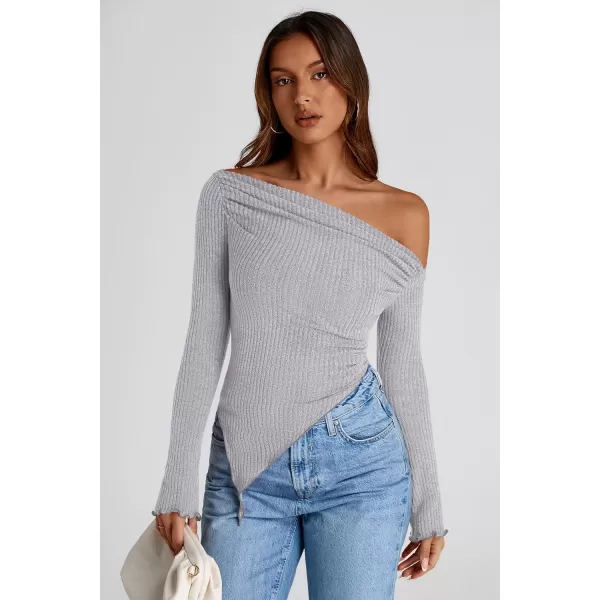 imagePRETTYGARDEN Womens Long Sleeve Y2K Crop Top Trendy Off Shoulder Asymmetrical Fitted Knit Tee Shirts Going Out TopsLight Grey