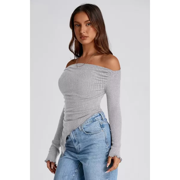 imagePRETTYGARDEN Womens Long Sleeve Y2K Crop Top Trendy Off Shoulder Asymmetrical Fitted Knit Tee Shirts Going Out TopsLight Grey