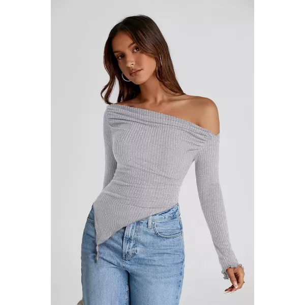 imagePRETTYGARDEN Womens Long Sleeve Y2K Crop Top Trendy Off Shoulder Asymmetrical Fitted Knit Tee Shirts Going Out TopsLight Grey
