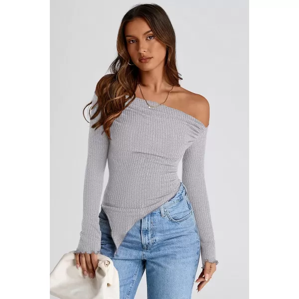 imagePRETTYGARDEN Womens Long Sleeve Y2K Crop Top Trendy Off Shoulder Asymmetrical Fitted Knit Tee Shirts Going Out TopsLight Grey