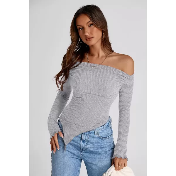imagePRETTYGARDEN Womens Long Sleeve Y2K Crop Top Trendy Off Shoulder Asymmetrical Fitted Knit Tee Shirts Going Out TopsLight Grey