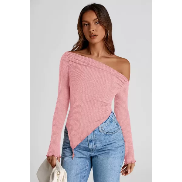 imagePRETTYGARDEN Womens Long Sleeve Y2K Crop Top Trendy Off Shoulder Asymmetrical Fitted Knit Tee Shirts Going Out TopsPink