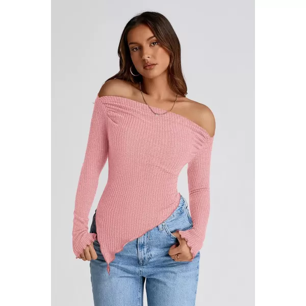 imagePRETTYGARDEN Womens Long Sleeve Y2K Crop Top Trendy Off Shoulder Asymmetrical Fitted Knit Tee Shirts Going Out TopsPink