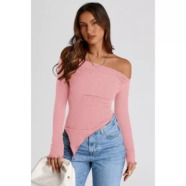imagePRETTYGARDEN Womens Long Sleeve Y2K Crop Top Trendy Off Shoulder Asymmetrical Fitted Knit Tee Shirts Going Out TopsPink