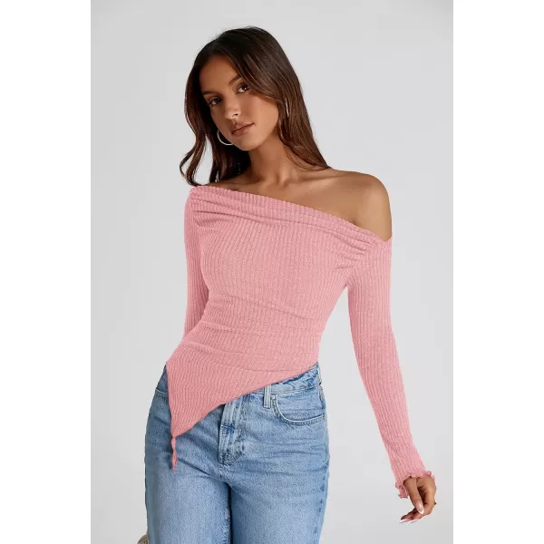 imagePRETTYGARDEN Womens Long Sleeve Y2K Crop Top Trendy Off Shoulder Asymmetrical Fitted Knit Tee Shirts Going Out TopsPink