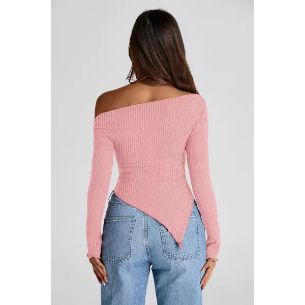 imagePRETTYGARDEN Womens Long Sleeve Y2K Crop Top Trendy Off Shoulder Asymmetrical Fitted Knit Tee Shirts Going Out TopsPink
