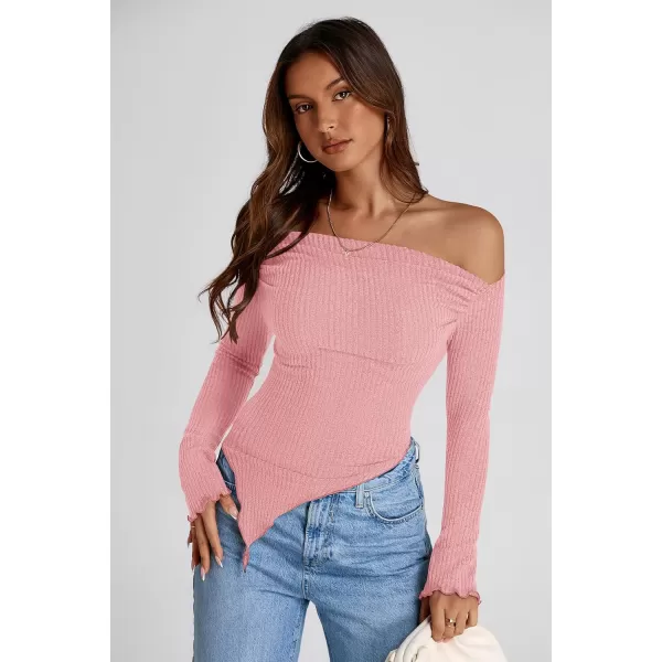 imagePRETTYGARDEN Womens Long Sleeve Y2K Crop Top Trendy Off Shoulder Asymmetrical Fitted Knit Tee Shirts Going Out TopsPink