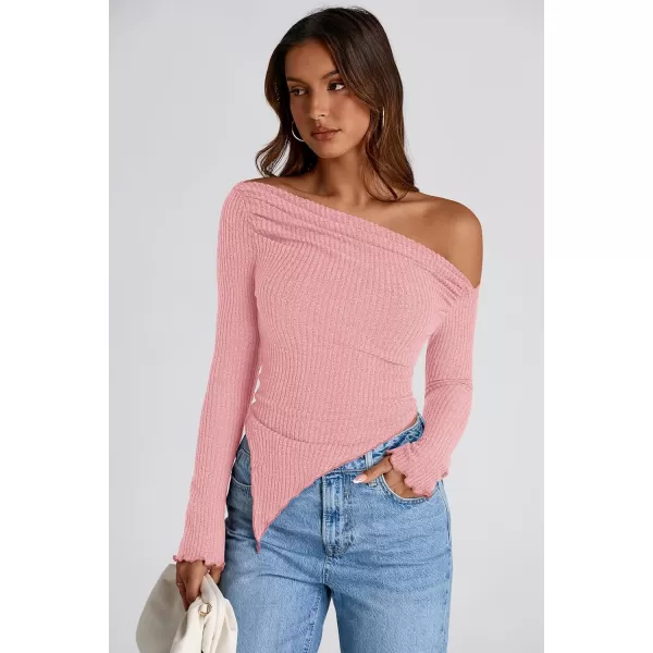 imagePRETTYGARDEN Womens Long Sleeve Y2K Crop Top Trendy Off Shoulder Asymmetrical Fitted Knit Tee Shirts Going Out TopsPink