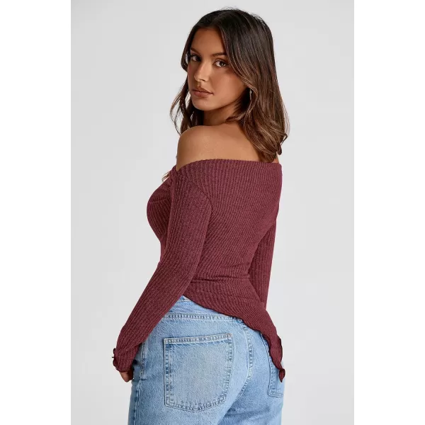 imagePRETTYGARDEN Womens Long Sleeve Y2K Crop Top Trendy Off Shoulder Asymmetrical Fitted Knit Tee Shirts Going Out TopsWine Red
