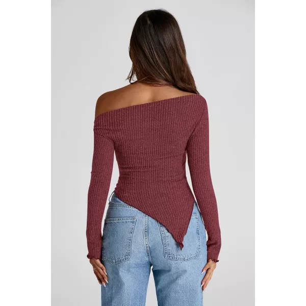 imagePRETTYGARDEN Womens Long Sleeve Y2K Crop Top Trendy Off Shoulder Asymmetrical Fitted Knit Tee Shirts Going Out TopsWine Red