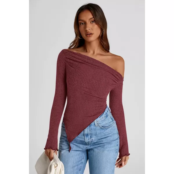 imagePRETTYGARDEN Womens Long Sleeve Y2K Crop Top Trendy Off Shoulder Asymmetrical Fitted Knit Tee Shirts Going Out TopsWine Red