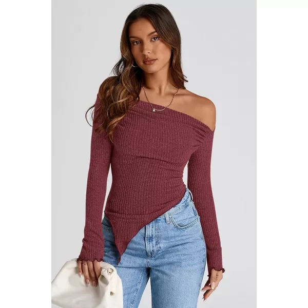 imagePRETTYGARDEN Womens Long Sleeve Y2K Crop Top Trendy Off Shoulder Asymmetrical Fitted Knit Tee Shirts Going Out TopsWine Red