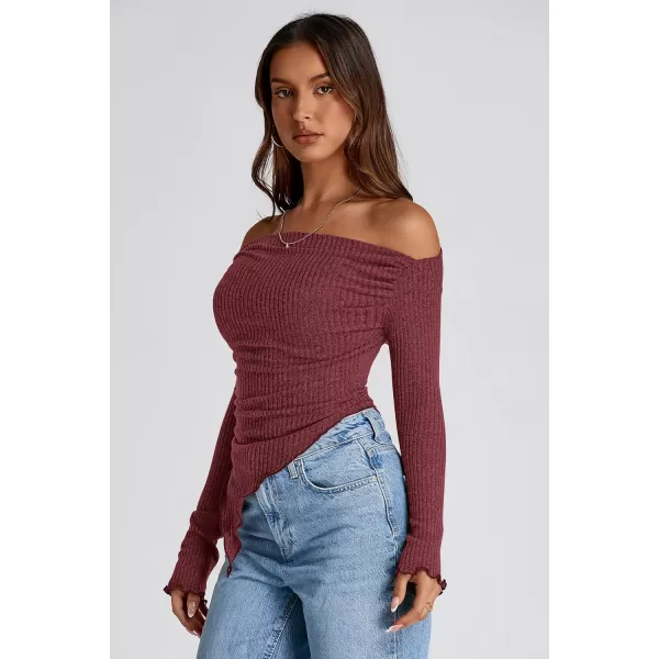 imagePRETTYGARDEN Womens Long Sleeve Y2K Crop Top Trendy Off Shoulder Asymmetrical Fitted Knit Tee Shirts Going Out TopsWine Red